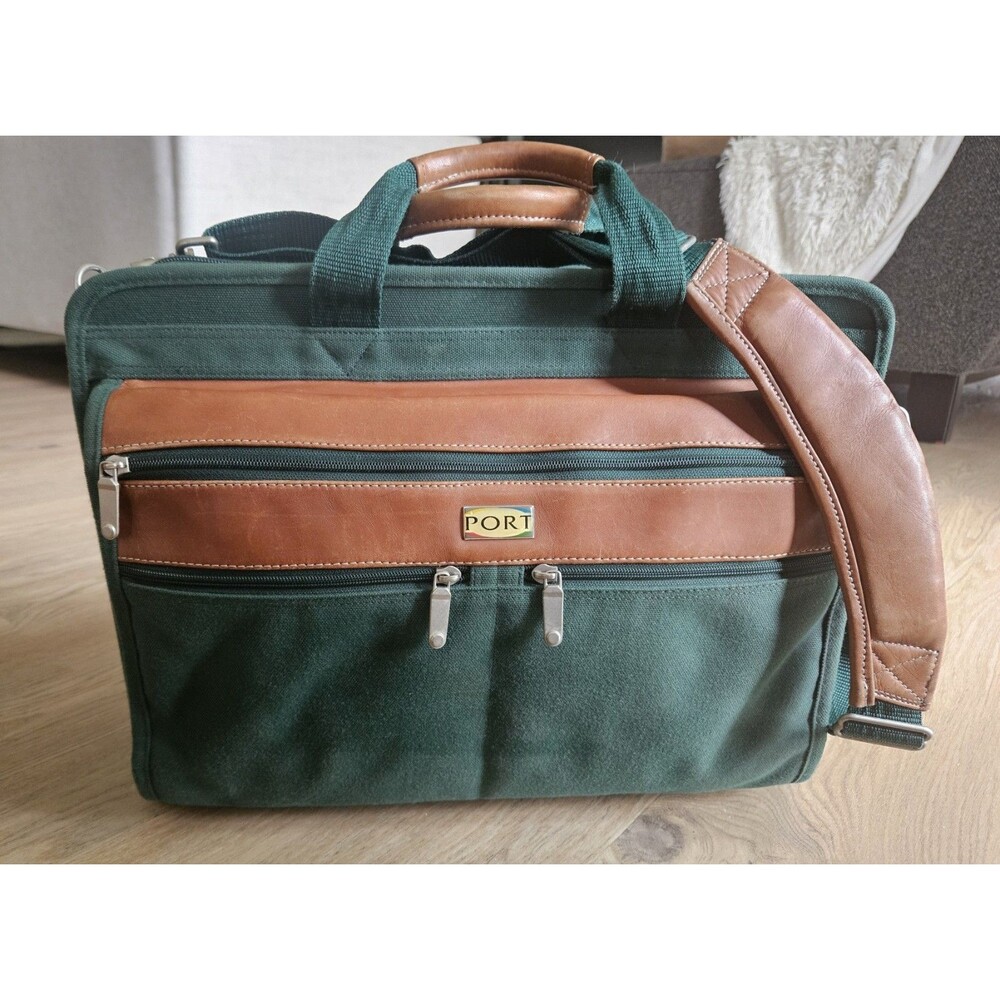 Vintage PORT Messenger Laptop Bag Canvas Leather Crossbody Strap Kelly Green